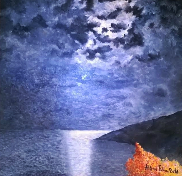 Notturno corsicano. Anno 2016. Dipinto dal vero. Olio su tela. Dim. cm 60 x cm 60. Autore Maestro Alfonso Palma