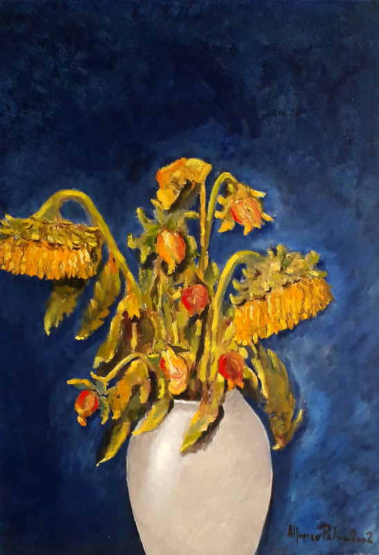 404 Anno 2002. Girasoli appassiti. Dipinto dal vero. Olio su tela.Dim. cm 50 x cm 70. Autore Maestro Alfonso Palma